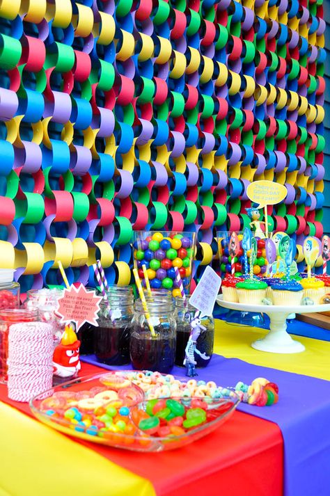 Fun and colorful Inside Out Party! Ideas! Celebrate your feelings and your Disney Side with this birthday party! | The Love Nerds Inside Out Parade Float Ideas, Inside Out Decoration Ideas, Inside Out Float Ideas, Diy Inside Out Decorations, Inside Out Trunk Or Treat Ideas, Inside Out Trunk Or Treat, Inside Out Decorations, Inside Out Party, Inside Out Party Ideas