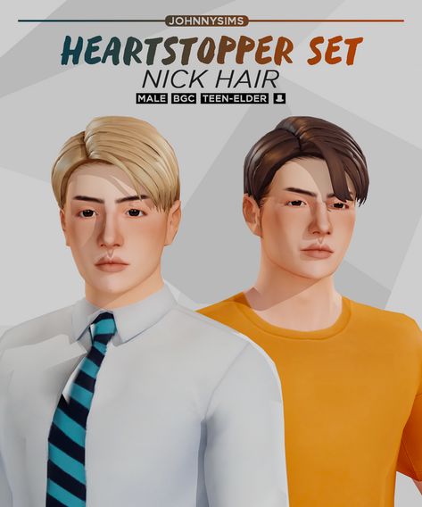 Heartstopper Set (Nick Hair) | JohnnySims on Patreon Sims 4 Hair Male, Sims Stories, Nick Nelson, Sims Packs, The Sims 4 Packs, Sims 4 Mm Cc, Male Hair, Hair Set, Sims 4 Mm