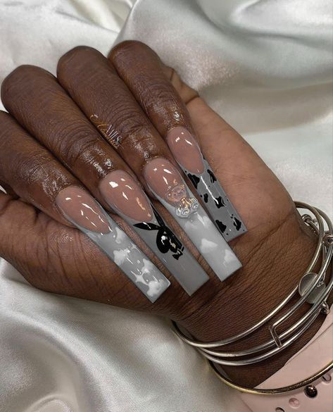 Gray Nails Acrylic, Crazy Acrylic Nails, Grey Acrylic Nails, Overlay Nails, Pink Glitter Nails, Pink Ombre Nails, Long Acrylic Nail Designs, Colored Acrylic Nails, Glow Nails