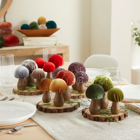 Here is some styling inspiration for our velvet mushrooms🍄✨They are perfect for a summer tablescape, as bookshelf decor or for your woodland nursery! Velvet Mushrooms, Coffee Table Centerpieces, Pink Mushroom, Bookcase Decor, 70s Decor, Madison Wisconsin, Cottagecore Decor, Mushroom Decor, Styling Inspiration