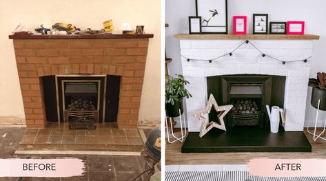 Want to know how to makeover your old fireplace quickly and cheaply? Find out how to paint a fireplace and fire to give an old fireplace a fresh new look. It's quick, easy, and affordable. | #pinkscharming Cheap Fireplace Makeover, Artex Ceiling, Gas Fireplace Makeover, Red Brick Fireplaces, Indoor Paint, Brick Fireplace Makeover, Paint Fireplace, Masonry Paint, Old Fireplace