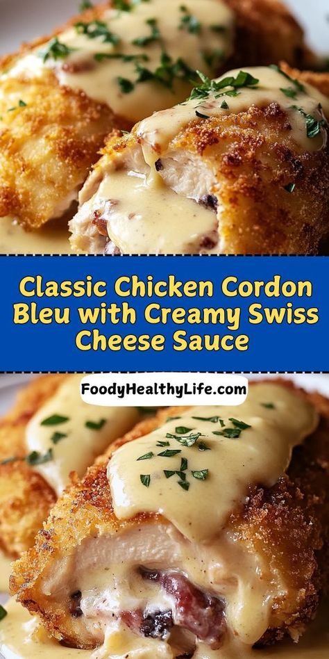 Learn how to make Perfect Chicken Cordon Bleu that’s crispy on the outside, tender on the inside, and smothered in creamy Swiss cheese sauce. 🌟 A restaurant-quality dish you can easily prepare at home! 🐔🧀 #HomeCooking #ChickenRecipes #DinnerGoals #CordonBleuLovers Crispy Chicken Cordon Bleu, Chicken With Swiss Cheese Recipes, Creamy Swiss Chicken Bake, Oven Baked Chicken Cordon Bleu, Chicken Cordon Bleu Sauce Easy, Chicken Cordon Bleu Plating, Recipes With Swiss Cheese, Chicken Cordon Blue Sauce, Swiss Cheese Sauce Recipe