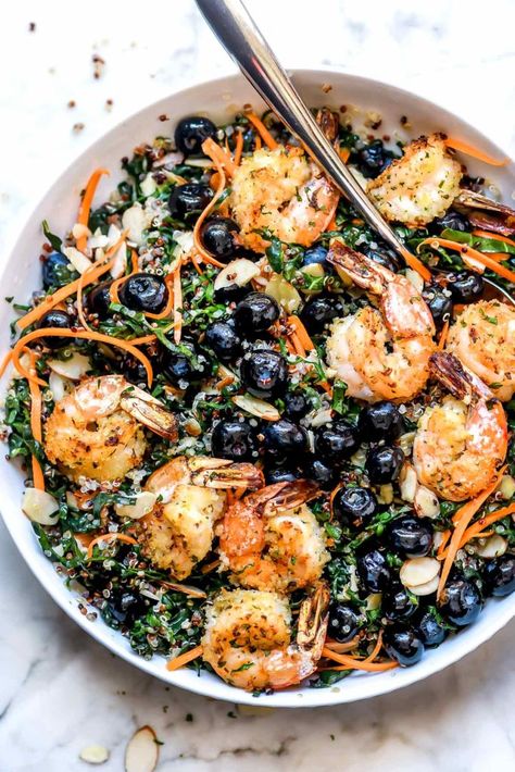 Kale Salad with Quinoa and Shrimp - foodiecrush.com Kale Shrimp Salad, Dairy Free Summer Recipes, Kale Salad With Quinoa, Foodiecrush Recipes, Xyngular Recipes, Spring Pasta Recipes, Salad With Quinoa, Shrimp And Quinoa, Baked Kale