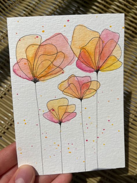 Simple Drawings Watercolor, Ink Flowers Simple, Mothers Day Cards Watercolor Simple, Watercolor Doodles Flowers, Watercolor Postcards Ideas, Groovy Watercolor, Easy Watercolor Birthday Cards, Watercolor Flowers Easy, Watercolor And Pen Art