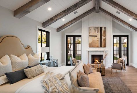 White Modern Farmhouse, Neutral Bedroom Decor, Modern Farmhouse Bedroom, Farmhouse Interior Design, Transitional Bedroom, Farmhouse Master, Bedroom Fireplace, Hello Lovely, Farmhouse Interior