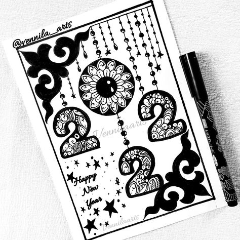 New Year 2024 Mandala Art, New Year Mandala Art 2023, Happy New Year Mandala Art, New Year Drawing Ideas Kids, New Year Mandala Art, Happy New Year Drawing, New Years Drawing Ideas, Mandala For Beginners, New Year's Drawings