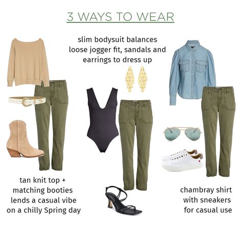 3 ways to style olive joggers Olive Joggers Outfit, Stylist Tips, Slim Bodysuit, Spring Summer Wardrobe, Green Joggers, Joggers Outfit, Wardrobe Stylist, Olive Color, Chambray Shirt