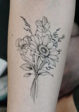 Day Lily Tattoo, Sunflower Tattoo On Wrist, Sunflowers Bouquet, Flowers Tattoos, Eucalyptus Flower, Chic Tattoo, Day Lily, Bouquet Tattoo, Ribbon Tattoos