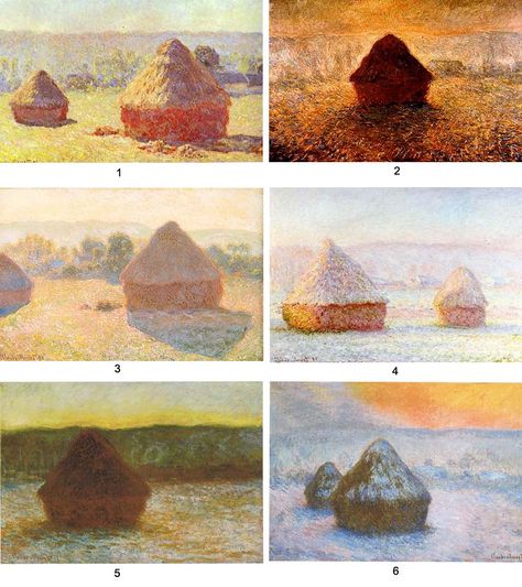 We give 6 examples of Monet haystack paintings with Monet's own description of the time of day or season in which he painted them. Can you match his description to the painting? Claude Monet Haystacks, Monet Haystacks Paintings, Haystack Paintings, Monet Haystacks, Artist Monet, Times Of The Day, Claude Monet Paintings, Plein Air Landscape, Monet Art