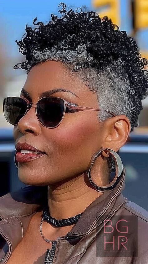 Grey Mohawk Women, Gray Twa Natural Hair, Short Tapered Natural Hair, Grunge Black Women, Pixie Hairstyles For Black Women, Natural Hair Mohawk, Gray Hair Pixie Cuts, Super Short Haircuts, Black Hair Short Cuts