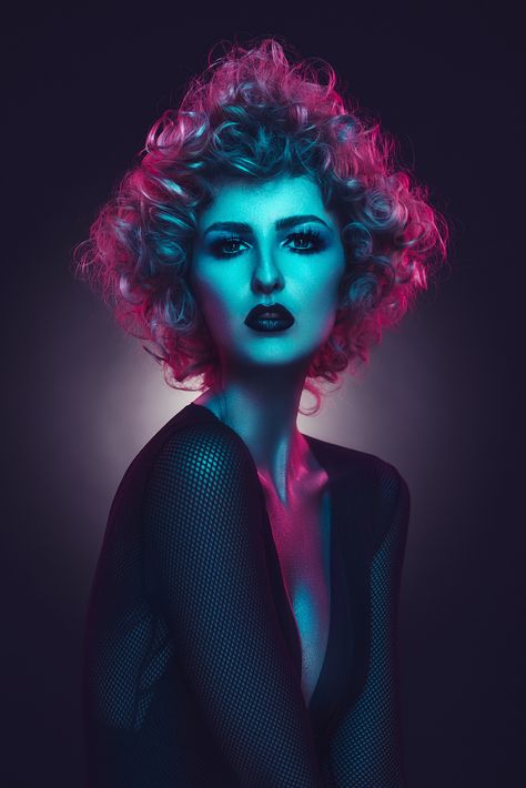 Daryl Greenaway Hair Shoot - Toni & Guy — Jake Hicks Photography Colour Gel Photography, Colorful Portrait Photography, Disco Diva, Portrait Tutorial, Studio Photography Poses, Toni And Guy, Neon Aesthetic, Beauty Shoot, Colorful Portrait