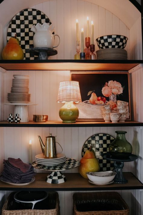 It feels good to clear everything out of a cabinet, sideboard or anywhere that you want to restyle and start fresh! We have a glass curio cabinet in our dining room that is one of my favorite pieces to style, because it can hold a lot of items and I like that the backdrop is white so everything pops. When styling any area of my home I decorate with items that we actually use, so I try to buy the cutest version of an item. Eclectic Buffet Styling, Curio Cabinet Decor Ideas, Decorating China Cabinet, Curio Cabinet Decor, Buffet Styling, Glass Curio Cabinets, Glass Shelves Decor, Nesting With Grace, Cabinet Sideboard