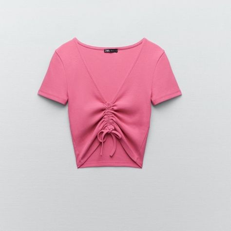 Zara Ribbed Top, Hot Pink Shirt, Crop Top Pink, Puff Sleeve Crop Top, Mesh Blouse, Corset Crop Top, Zara Crop Top, Zara Blouse, Pink Crop Top