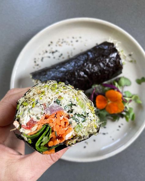 Tuna Spring Rolls, Seaweed Wraps Recipes Vegan, Vegan Seaweed Wraps, Tuna Seaweed Wrap, Tuna Seaweed Snack, Tuna Rice Seaweed Bowl, Nori Rolls, Raw Breakfast, Alfalfa Sprouts