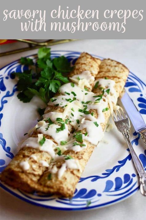 Dinner Crepes, Crepe Recipe Savory, Mushroom Crepe, Chicken Crepes, Mushroom Filling, Mornay Sauce, Crepe Recipe, Chicken And Mushroom, Date Night Dinner