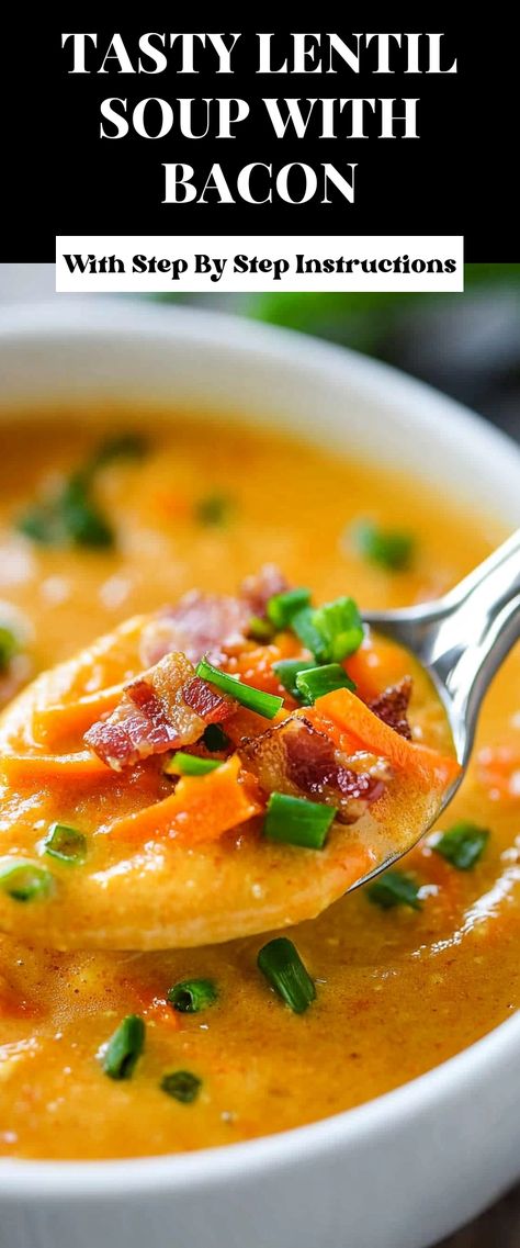 Image for Tasty Lentil Soup with Bacon Lentil Soup With Bacon, Lentil And Bacon Soup, Easy Lentil Soup, Soup With Bacon, Soup Lovers, Stews Recipes, Recipe To Cook, Green Lentils, Red Lentil