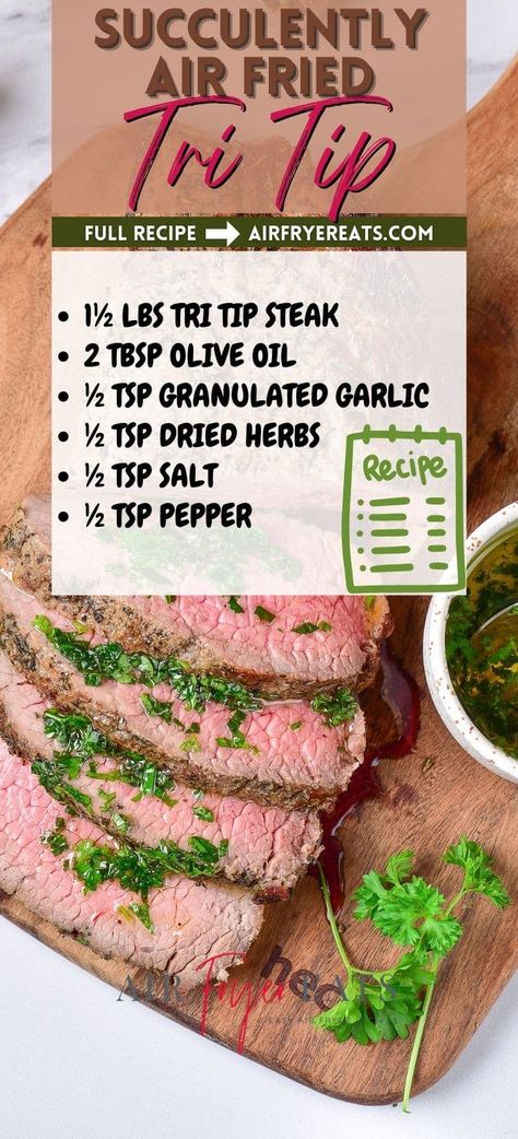 This easy Air Fryer Tri Tip Recipe will teach you exactly how to make an amazingly juicy and flavorful beef roast in the air fryer! It takes less than 20 minutes to make this entire tri-tip roast using this simple method, and the resulting sliced steak is perfectly cooked. Air Fryer Tri Tip Roast Recipe, Tri Tip In Air Fryer, Air Fryer Tri Tip, Oven Tri Tip, Tritip Roast Recipes, Roast In The Air Fryer, Tri Tip Recipe, Tritip Recipes, Tri Tip Steak