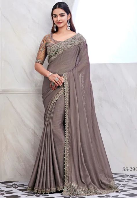 Embroidered Border Chiffon Saree in Grey Shimmer Saree, Sequin Saree, Grey Saree, Fancy Sarees Party Wear, Party Sarees, Dusty Mauve, Party Wear Lehenga, Wear Saree, Blouse Material