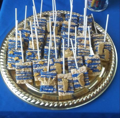 Royal Blue And Silver Treats, Blue Chocolate Covered Rice Krispies, Blue And Gold Chocolate Covered Pretzels, Rice Krispie Treats Baby Shower Blue, Royal Prince Baby Shower Treat Table, Blue Popcorn, Prince Baby Shower, Royal Prince, Rice Krispie Treats