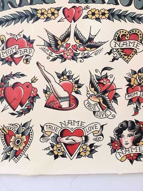 Vintage Heart Tattoo Old School, American Trad Heart Tattoo, Traditional Love Heart Tattoo, Traditional Heart Tattoo Flash, Old School Flash Sheet, American Trad Tattoo Flash, American Traditional Tattoo Flash Sheet, Vintage American Traditional Tattoo Flash, Classic Tattoo Old School