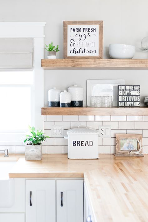 Farmhouse Kitchen Floating Shelves, Kitchen Open Shelves, Kitchen Floating Shelves, Custom Floating Shelves, Kitchen Shelving, Diy Wood Shelves, Kitchen Shelf Decor, Floating Shelf Decor, Floating Shelves Kitchen