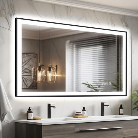 Transform your bathroom with the Waterpar LED Black Framed Bathroom Mirror, engineered for ultimate brightness and functionality. The innovative dual lighting system combines front and back lighting, delivering unmatched clarity and illumination for all your grooming routines. Featuring three adjustable color temperatures and dimmable settings, this mirror caters to your every lighting need while the anti-fog and defog functions ensure a clear view even after a hot shower. Crafted from robust 5mm tempered glass and rust-resistant aluminum, it's designed for durability and safety. Enjoy superior brightness with high-efficiency LED strips and easy installation with French Cleats. Whether you choose to plug it in or opt for hardwiring, this mirror fits seamlessly into your modern bathroom upg Framed Led Bathroom Mirror, Lighted Mirror For Bathroom, Bathroom Mirror Ideas Double Sink, Large Bathroom Mirror Ideas, Mirror Vanity Bathroom, Lighted Mirrors For Bathrooms, Mirror Bathroom Ideas, Light Up Vanity, French Cleats