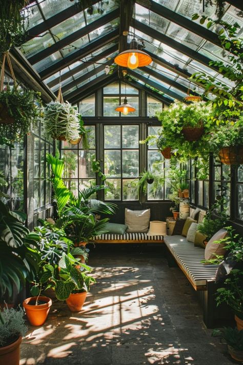 30 Greenhouse Ideas: Creative Designs for Your Home Garden Greenhouse Hangout Ideas, Sunroom Greenhouse Ideas, Modern Greenhouse Attached To House, Breezeway Greenhouse, Greenhouse Sitting Area, Garden House Aesthetic, Greenhouse Seating, Greenhouse Homes, Inside Greenhouse Ideas