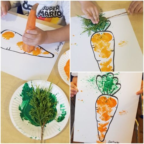 Veggie Art Preschool, Fruit And Vegetable Art Preschool, Carrot Activity For Preschool, V Is For Vegetable Preschool, Carrot Preschool Craft, Vegetable Garden Crafts For Toddlers, Vegetable Garden Art Preschool, Carrot Art Preschool, Painting With Vegetables Preschool