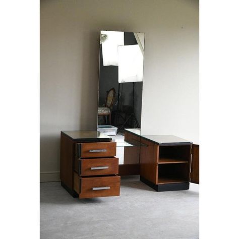 Early 20th Century Art Deco walnut and ebonised twin pedestal dressing table with bank of three short drawers and single cupboard, central full length dressing mirror. Dimensions: 137cm wide x 51cm deep x 62cm to table top x 172cm high mirror.  Condition: Overall good condition, general age and signs of use, some foxing to the mirror. Victorian Dining Table, Single Cupboard, Deco Dressing, Art Deco Dressing Table, Oak Extending Dining Table, Antique Bookcase, White Ceramic Planter, Antique Furniture For Sale, Antique Dining Tables