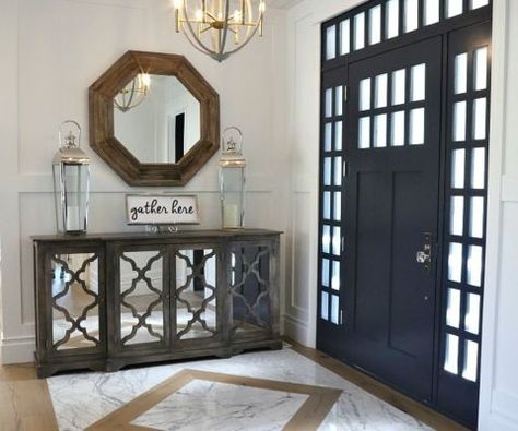 Door painted in Hale Navy Benjamin Moore. Navy Paint Colors, Mirror Closet, Entryway Tile, Foyer Flooring, Interior Door Styles, Entryway Flooring, Sliding Mirror, Door Colors, Trending Paint Colors