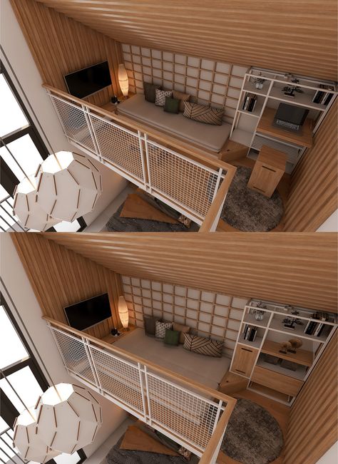 Loft Mezzanine Ideas, Tiny Mezzanine Bedroom, Bedroom With Mezzanine Floor, Mezzanine Small Bedroom, Attic Mezzanine Bedroom, Loteng Dalam Bilik, Loteng Design, Small Mezzanine Ideas, Mezzanine Bedroom Small Loft Ideas