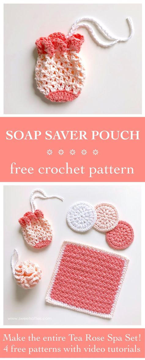 Free crochet pattern: Soap Saver Pouch from the Tea Rose Spa Set! This collection of reusable eco-friendly vegan (100% cotton) skin care essentials and spa tools includes a crochet face scrubby (make up remover pad) bath pouf (loofah body scrubber) soap saver pouch (soap holder bag) and facial washcloth (towel). All designs are quick and easy and suitable for beginners. #sweetsofties #yarn #art #craft #crochet #diy #tutorial #pattern #free #cute  #beginner #beginners #gift #crochetideas #easy #a Spa Tools, Crochet Soap Saver, Cotton Crochet Patterns, Soap Pouches, Crochet Scrubbies, Craft Crochet, Confection Au Crochet, Washcloth Pattern, Crochet Faces