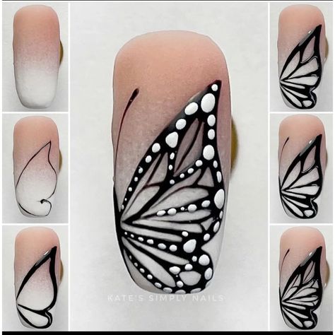 Nail Art Ideas Butterfly, Butterfly Art On Nails, Butterfly Drawing On Nails, Acrylic Butterfly, Step By Step Butterfly Nail Art, Easy Butterfly Nail Art Step By Step, Butterfly Nails Design, Butterfly Drawing Nails, How To Draw Butterfly Nail Art