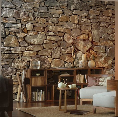 7 Budget-Friendly Accent Wall Hacks That can Totally Transform any Room: Stone Accent Walls are Easier Than You Think Stone Wall Living Room, Stone Walls Interior, Classic Home Furniture, Beach Mural, Stone Accent Walls, Fake Stone, Stone Wallpaper, Rustic Stone, Mural Design