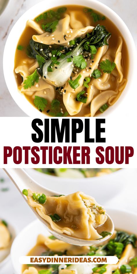 This is one of the easiest soups you'll ever make! Our Potsticker Soup recipe has a ton of rich umami flavor from ginger, soy sauce, and sesame oil. The flavor develops perfectly in just 20 minutes! Pot Sticker Soup Recipe, Pot Sticker Soup, Potsticker Soup, Wonton Soup Recipe, Asian Soup Recipes, Pot Sticker, Wonton Recipes, Chinese Cooking Recipes, Dumplings For Soup