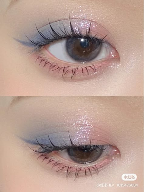 Pink And Blue Douyin Makeup, Powder Blue Eyeshadow Looks, Blue Pink Eye Makeup, Subtle Blue Makeup, Subtle Blue Eyeshadow, Subtle Blue Eye Makeup, Blue Flower Makeup, Powder Blue Aesthetic, Coquette Makeup Look