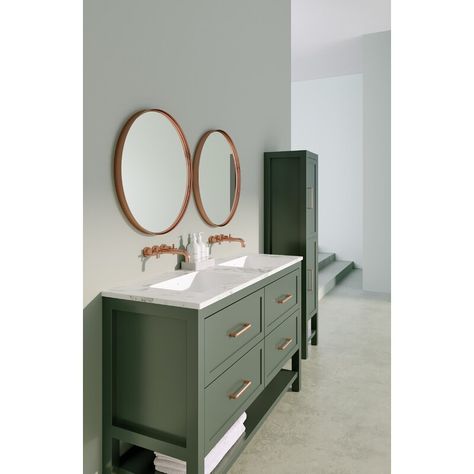 Olive Green Bathroom Vanity, Olive Green Vanity, Green Vanities, Loft Space Ideas, Lakehouse Bedroom, Barn Bathroom, Marble Bathroom Designs, Double Vanity Unit, Green Vanity