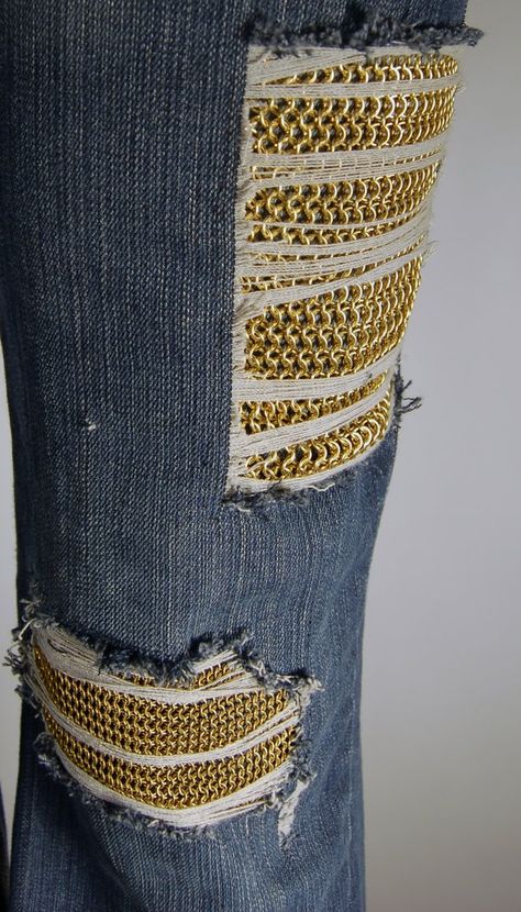 Chainmail-Patched Jeans Front by xMeisianx on DeviantArt Chainmail Pants, Patched Jeans, Chain Mail, On Display, Belt Buckle, Belt Buckles, Close Up, Buckle, Deviantart