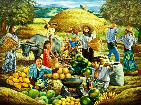 Hipolito, Dante | Art Circle Gallery Bayanihan Illustration, Broadsheet Design, Filipino Values, Best Photo Collage Apps, Filipino Tradition, Philippines Art, Village Scene Drawing, Fruit Art Drawings, Seni Pastel