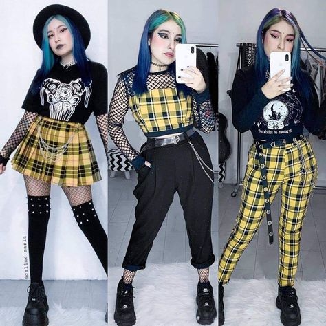 Grunge Egirl Outfit, Rockstar Theme Outfit, Pop Of Color Outfits, Punk Inspired Outfits, Checkered Shirt Outfit, Soft Grunge Outfit, Hufflepuff Outfit, Pink Demon, Outfits Punk