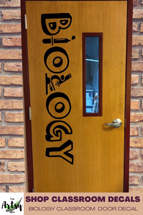 Biology classroom Vinyl wall decal for a biology teacher classroom door: "Biology with a dropper image for the i and microscope for the L". GREAT school decal for a science classroom door, biology door or classroom wall, or science department.Dimensions: 2.5Hx11.5W5.5Hx24W7Hx31W10Hx44WThis decal can be placed vertically as in the 1st photo or horizontally as in the 2nd photo.**To help you decide the correct size for you, we recommend you measure the space. The size of an average classroom door i High School Biology Classroom Decor, Biology Teacher Classroom, Biology Classroom Decorations, Chemistry Classroom Decorations, Science Classroom Door, High School Biology Classroom, Teacher Decals, Anatomy Classroom, High School Science Classroom