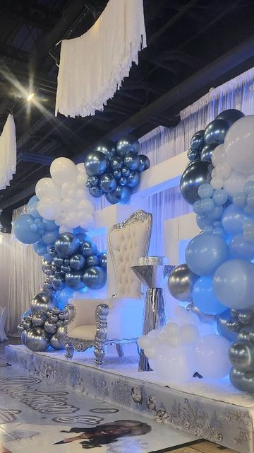 Kouture Kreations by Kristan on Instagram: "We always deliver 🙌🏾 #kouturekreationsbykristan #kouturekidz #sweet16 #atlantakidsbirthday #atlantaeventplanner #atlantapartyplanner #atlantaeventstylist #mompreneur #mompreneurlife #celebratelife" Blue And Silver Sweet 16 Dress, Royalty Themed Sweet 16, Winterwonder Land Theme Sweet 16, Blue Birthday Set Up, Sweet 16 Hall Decorations, Sweet 16 Party Ideas Cinderella Theme, Sweet 16 Color Schemes Blue, Diamond Sweet 16 Theme, Blue And Silver Sweet 16 Decorations