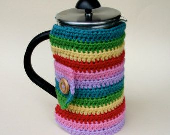 French Press Cozy Rainbow Colorful Cafetiere Coffee Pot Crochet Red Yellow Green Blue Pink Purple Kitchen French Press Cozy, Cosy Crochet, Knitted Projects, Crochet Mug Cozy, Crochet Cup Cozy, Tea Cosies, Crochet Classes, Coffee Cup Cozy, Cozy Crochet Patterns