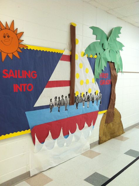 May bulletin board Sailing Bulletin Board, Nautical Bulletin Boards, Nautical Classroom Theme, School Wide Themes, Nautical Classroom, Sailing Theme, Boat Theme, Preschool Bulletin, Preschool Bulletin Boards