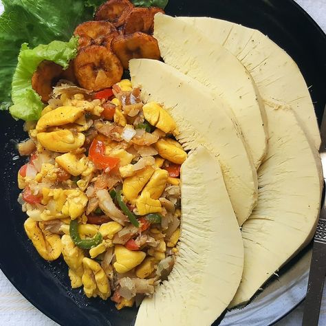 Ackee and Saltfish Recipe - Delicious Jamaican National Dish Ackee And Saltfish Recipe, Saltfish And Ackee, Ackee And Saltfish, Jamaican Dishes, Jamaican Food, National Dish, Seasoned Rice, Jamaican Recipes, Caribbean Recipes