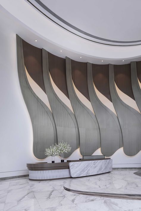 Lobby Designs, 3 Storey House Design, Curved Wall, Museum Interior, Retail Store Interior Design, Parisian Interior, Carved Furniture, Counter Design, Lobby Design