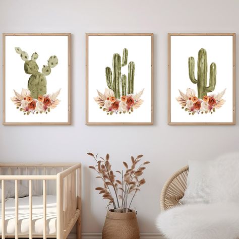 Boho Cactus Print, Printable Southwestern Nursery Decor, Kids Room Decor, Set of 3, Unique Baby Shower Gift For Expecting Parents Southwestern Nursery Decor, Southwestern Nursery, Desert Nursery, Southwest Nursery, Cactus Nursery, Boho Cactus, Cactus Bloom, Gifts For Expecting Parents, Unique Baby Shower Gifts