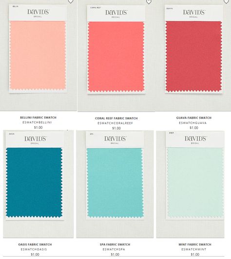 David's Bridal Colors: bellini, coral reef, guava oasis, spa, mint Coral Teal Wedding, Guava Color Palette, Coral Reef Color Palette, Coral Reef Wedding, Bridal Colors, Gold Beach Wedding, Coral Reef Color, Coral Colour Palette, Beach Wedding Bridesmaid Dresses