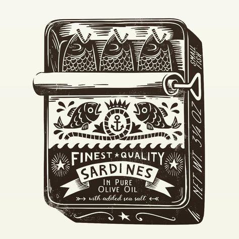 Black and white illustration of a sardine tin, Lino cut / screen print style wall art poster image by Patrick Corrigan Sardine Tin, Illustration Black And White, Lino Art, Lino Cut, Linocut Art, White Illustration, Art Et Illustration, Black And White Posters, Fashion Art Illustration