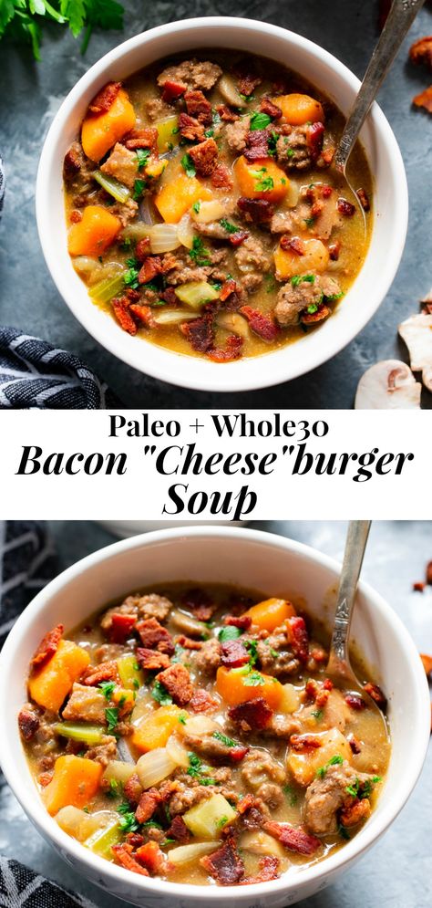 This creamy, “cheesy” bacon cheeseburger soup is cozy filing comfort food that’s insanely delicious and good for you too!  It's packed with protein, veggies, and flavor, this soup is also dairy-free, paleo, and Whole30 compliant.  Perfect to make ahead of time for meal prep and easy enough for weeknight dinners! #paleo #Whole30 #cleaneating Whole 30 Soup, Whole30 Soup Recipes, Paleo Running Momma, Soup Paleo, Protein Veggies, Bacon Cheeseburger Soup, Dairy Free Soup, Paleo Soup, Whole30 Dinners